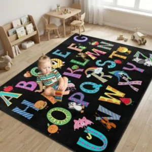 ABC Alphabet Rug Classroom Playmat Rugs 4x5 Ft Kids Carpet with Rubber Backing Colorful Cartoon Letters Kids Play Mat Nursery Rugs for Bedroom Playroom Black