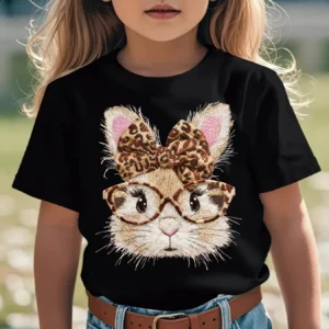 Leopard Print Bow and Bunny Print Short-sleeved T-shirt